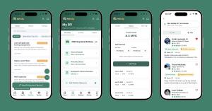 RV Help app screenshots showing maintenance tracking, document storage, fuel logging, and the RV service directory.
