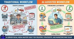 Infographic comparing manual social media tasks versus AI automated workflows.