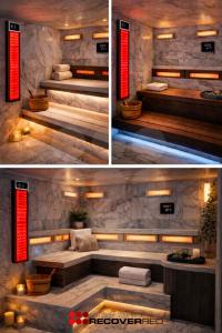 A three photo collage of cedar and marble saunas.