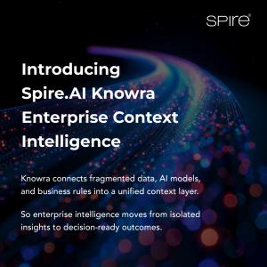 Spire.AI Knowra enterprise context intelligence illustration showing how fragmented enterprise data, AI models, and business rules are unified into a single contextual layer to enable decision-ready outcomes.