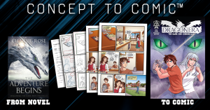 Concept to Comic™ example showing Dragonera evolving from novel materials and layouts into finished comic pages and the published comic cover.