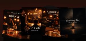 Primo Lounge instrumental album covers displayed as vinyl records on a bar-top background, representing a seven-album jazz and ritual Afro-blues catalog.
