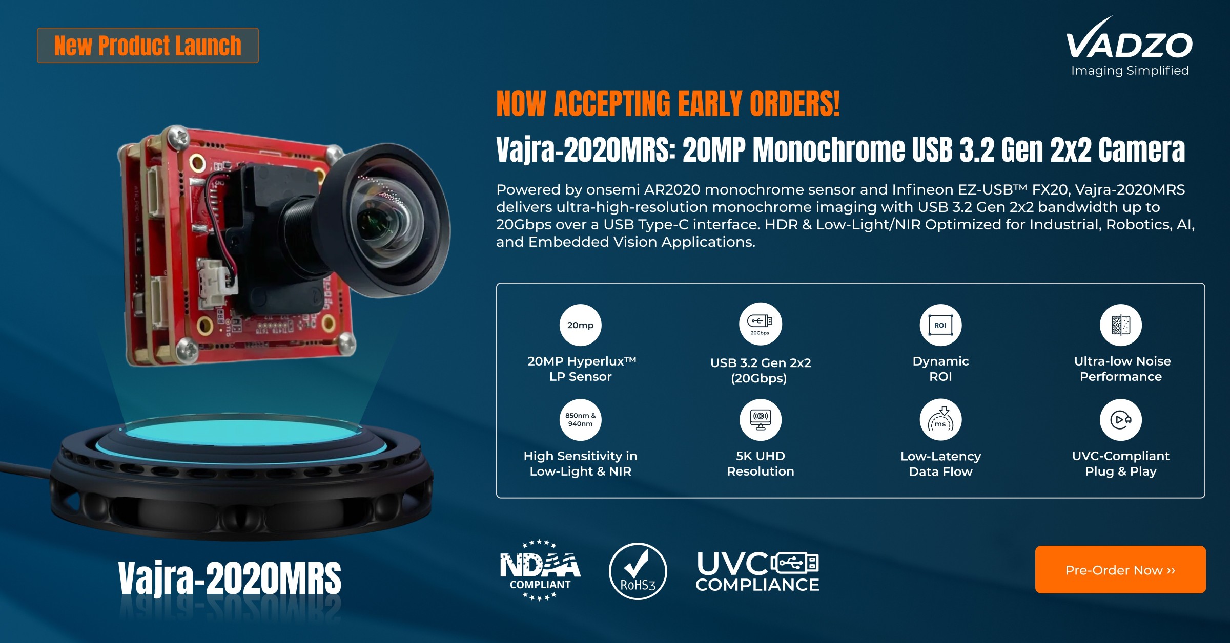 Vadzo Imaging Launches Next-Generation 20MP Monochrome USB 3.2 Gen 2×2 UVC Camera Based on Onsemi Hyperlux™ LP AR2020