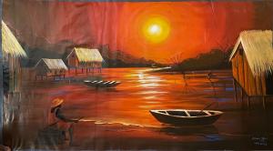 African sunset landscape painting by Nkiru Ogbonna showing traditional stilt houses over water with canoes fisherman and glowing orange sun Tribal Harmony Collection charity auction