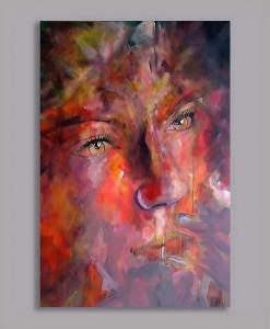 Contemporary portrait painting Deviation from Reality by Deutsche Bank artist Eric Sher showing expressive face with dramatic orange pink yellow brushstrokes