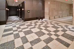 Block pattern terrazzo in lobby. 