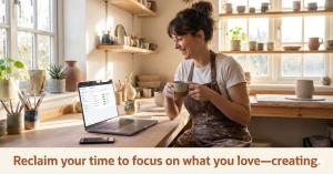 Happy artisan using laptop to manage etsy shop