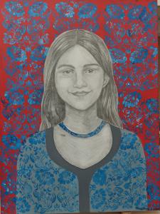 Graphite self-portrait titled “The Girl Who Paints Her Soul” by 12-year-old Singapore-based artist Aaradhya Sunder exhibited at Art Capital Paris 2026.
