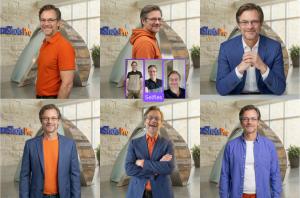 Before-and-after demonstration showing two casual selfie photos in the center transformed into four different AI-generated professional headshots with varied outfits and studio backgrounds using TeamShotsPro.