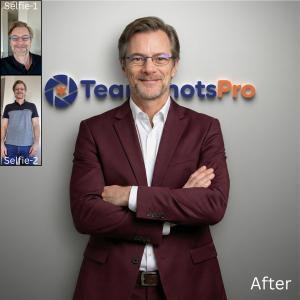 Side-by-side comparison of casual selfies on the left transformed into a polished professional headshot with studio lighting and business attire on the right, generated by TeamShotsPro AI.