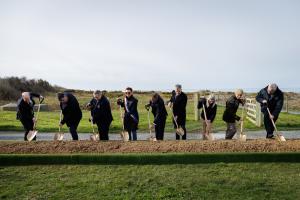 ABMC leadership along with local stakeholders symbolically break ground Feb. 17 on a restoration project for the historic WWII site at Pointe du Hoc in France.