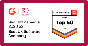 A badge from G2 showing Red Sift as a Top 50 UK Software Company