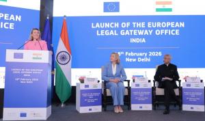 Indian Minister of External Affairs Dr Subrahmanyam Jaishankar, European Commission Executive Vice-President Henna Virkkunen, and ICMPD Director General Susanne Raab launched the European Legal Gateway Office in India on 18 February 2026 ICMPD Director General in New Delhi