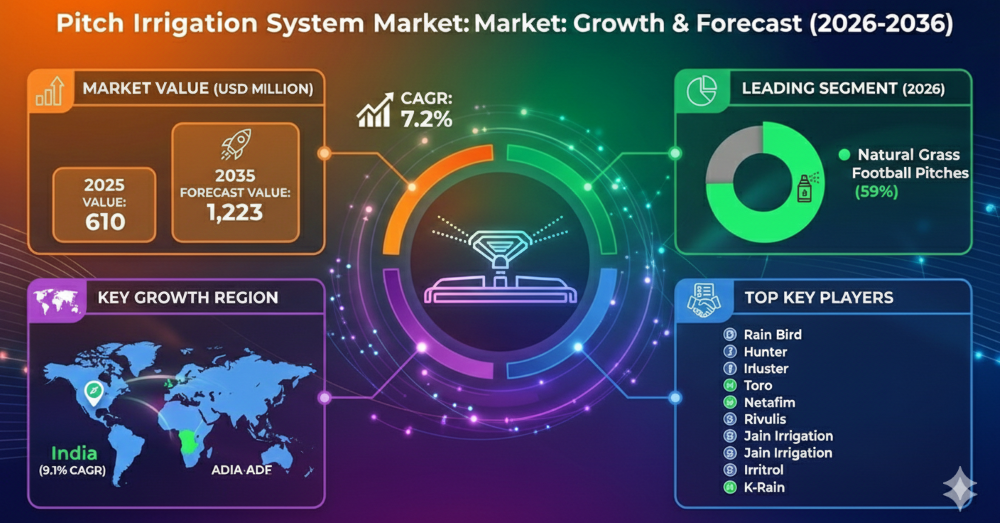 Pitch Irrigation System Market Forecast 2026–2036: Market to Reach USD 1,223 Million by 2036 at 7.2% CAGR