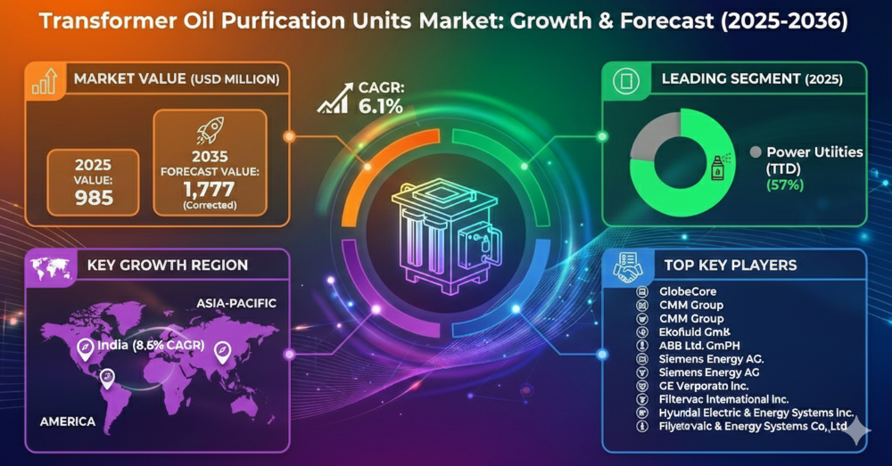 Transformer Oil Purification Units Market Forecast 2026–2036: Market to Reach USD 1,777 Million by 2036 at 6.1% CAGR