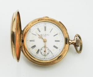 A E Mathey Repeater pocket watch stamped and tested 14K yellow gold, sporting a white dial with black Roman numerals and fancy gilt hands, the gross weight 71.16dwt. Estimate: $5,000-$7,000