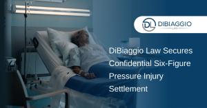 Recovering pressure injury victim in medical facility bed with DiBiaggio Law logo and announcement of six-figure settlement.
