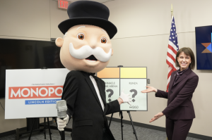 Mr. Monopoly and Lincoln Mayor Gaylor Baird