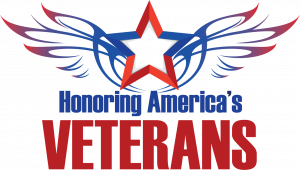 red, white and blue star with wings an words Honoring America's Veterans in the middle