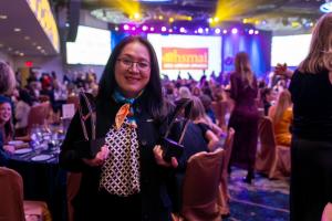 Director Vivian Lin of the Tourism Division, Taipei Economic and Cultural Office in Los Angeles, displays the awards on site at the HSMAI Adrian Awards Ceremony (February 18, 2026)