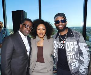 MBT Icon Award Recipient Warryn Campbell, Erica Campbell and Host Travis Malloy at Pre-Grammy Brunch