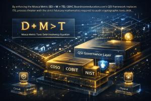 A technical governance chart showing the QSI Governance Layer built upon COSO, COBIT, and NIST foundations. It features icons for circuit breakers, Quantum Key Distribution (QKD), physical supply-chain audits, and the Mosca Metric equation used for quantu