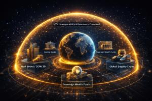 A global map displaying the QSI Interoperability and Governance Framework. A glowing Subliminal Sovereign Dome protects interconnected financial and physical pillars, including Wall Street capital markets, central banks, sovereign wealth funds, global sup