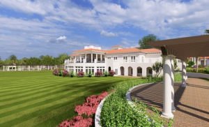 Exterior pagoda view of The Club at Mediterra Sports and Lifestyle Center under construction in Naples, Florida, with surrounding lawn.