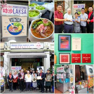 Hong Kong food critic Leung Man Tao, YB Wong Hon Wai and the team of Penang Road Famous Laksa take a group photo for FRA's Gourmet God Arrival program at the brand's store.