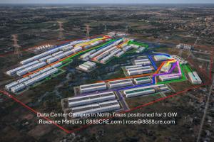 Aerial view of 3,500-acre North Texas land adjacent to 345 kV transmission lines for potential 3 GW AI data center campus marketed by 8888CRE.com and Roxanne Marquis. 2.	Conceptual masterplan of multi-gigawatt AI data center campus in Dallas–Fort Worth ne