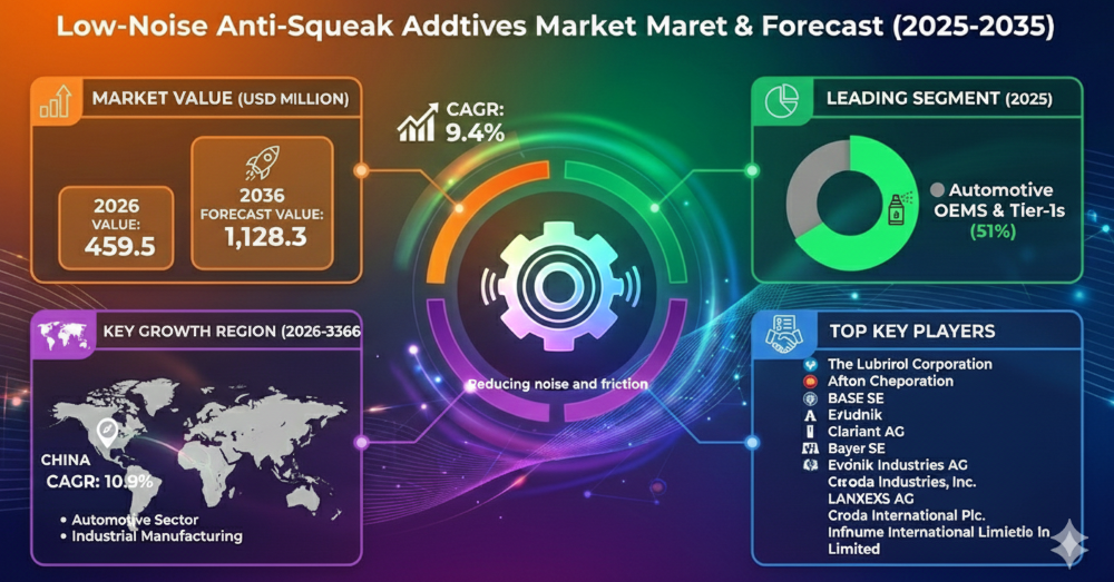 Low-Noise Anti-Squeak Additives Market Forecast 2026–2036: Market to Reach USD 1,128.3 Million by 2036 at 9.4% CAGR