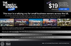 This image shows the tour locations and dates for The Economy Is My Business Tour. Those locations include Philadelphia on April 9, NYC on April 22, Charlotte on May 13, Dallas on June 23, and Los Angeles on June 25. You can learn more about the event at