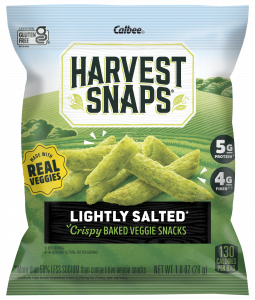 Single serve bags of Harvest Snaps Baked Veggie Snacks, Lightly Salted