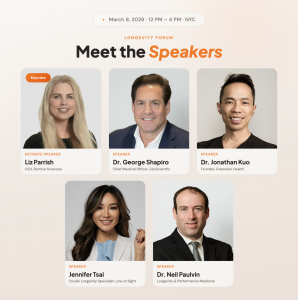 Future of You Global speakers lineup for March 8, 2026 NYC longevity forum: keynote Liz Parrish with Dr. George Shapiro, Dr. Jonathan Kuo, Jennifer Tsai, and Dr. Neil Paulvin, Daylight Studio