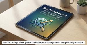 Digital product cover of SEO Prompt Power displayed on an iPad.