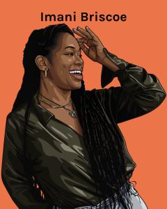 Illustrated portrait of Imani Briscoe, Account Manager at Creative Repute, smiling and looking to the side against an orange background.