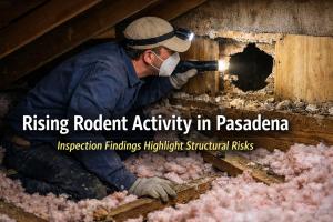 Pasadena pest control technician inspecting rodent damage and attic contamination in San Gabriel Valley home.