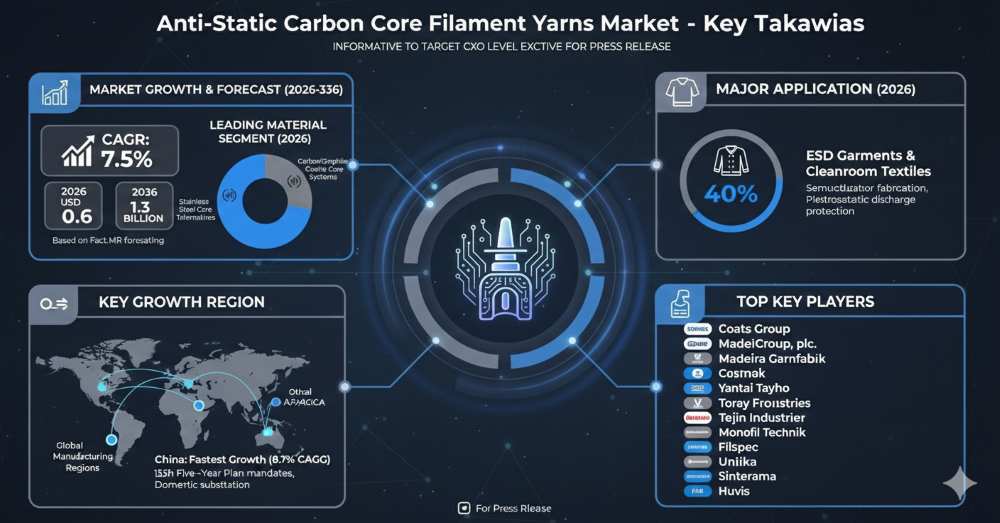 Anti-Static Carbon Core Filament Yarns Market Forecast 2026–2036: Market to Reach USD 1.3 Billion by 2036 at 7.5% CAGR