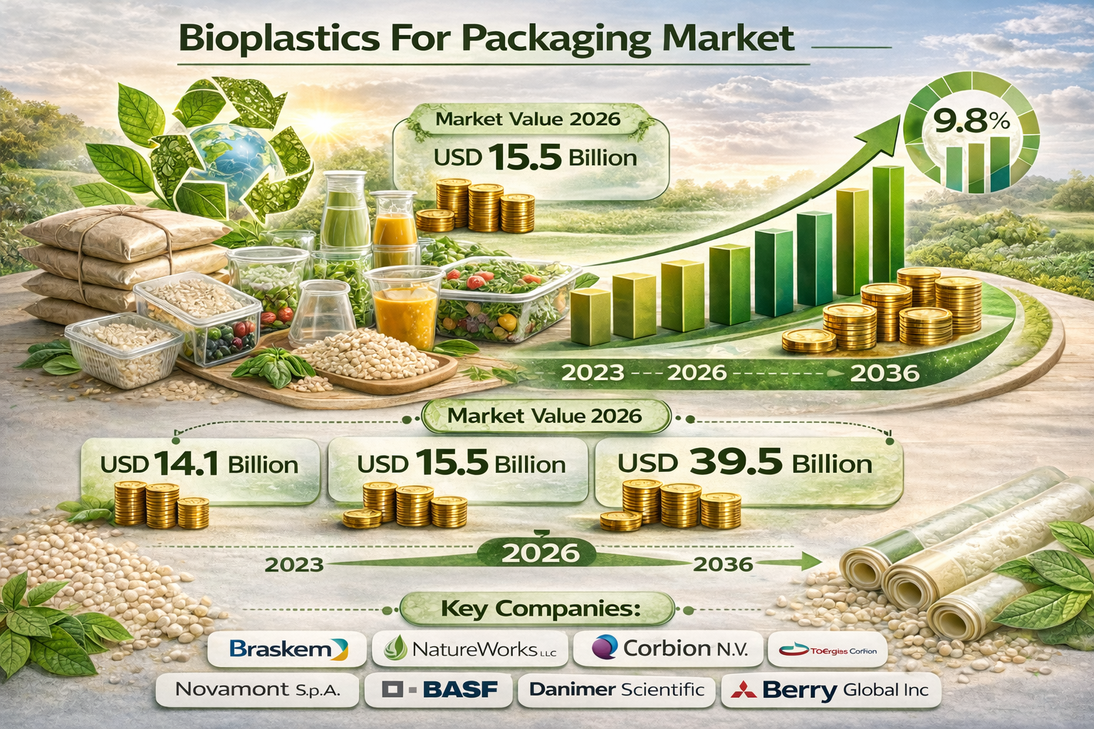Bioplastics for Packaging Market Forecast 2026-2036: Global Market to Reach USD 39.5 Billion by 2036 at 9.8% CAGR