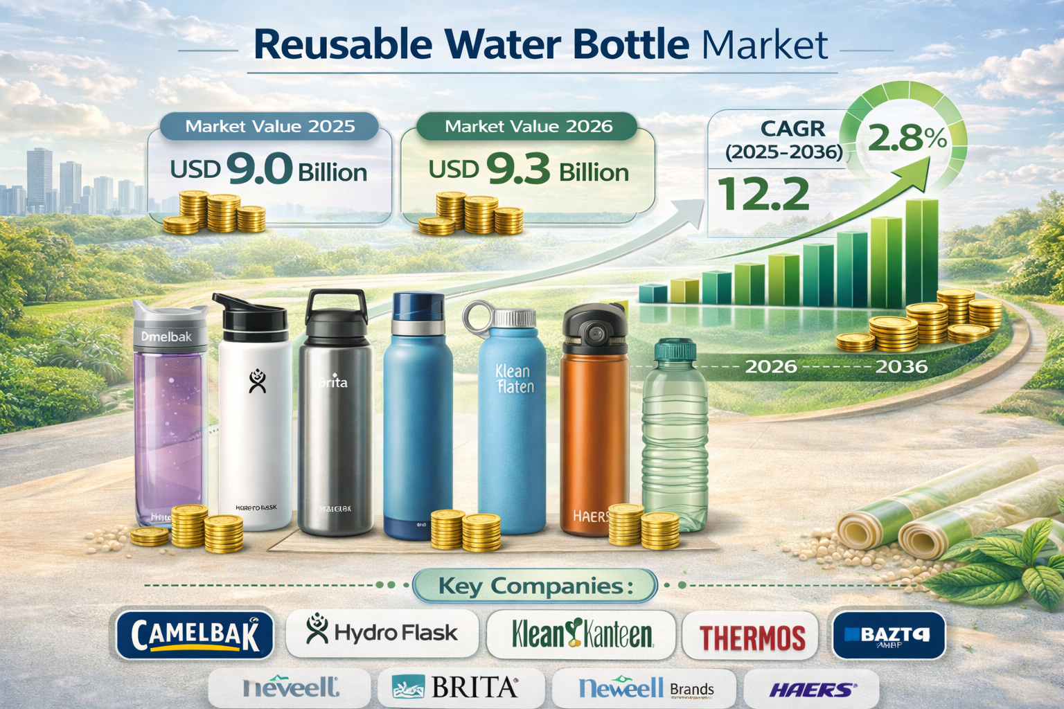 Reusable Water Bottle Market Forecast 2026-2036: Global Market to Reach USD 12.2 Billion by 2036 at 2.8% CAGR