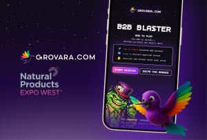 Grovara’s B2B Blaster activation at Natural Products Expo West, featuring a mobile game where buyers scan QR codes at brand booths to build digital retail shelves and connect with vetted global CPG brands on the B3B wholesale platform.