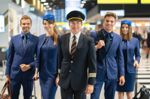 Pilot and cabin crew posing in full uniform in airport