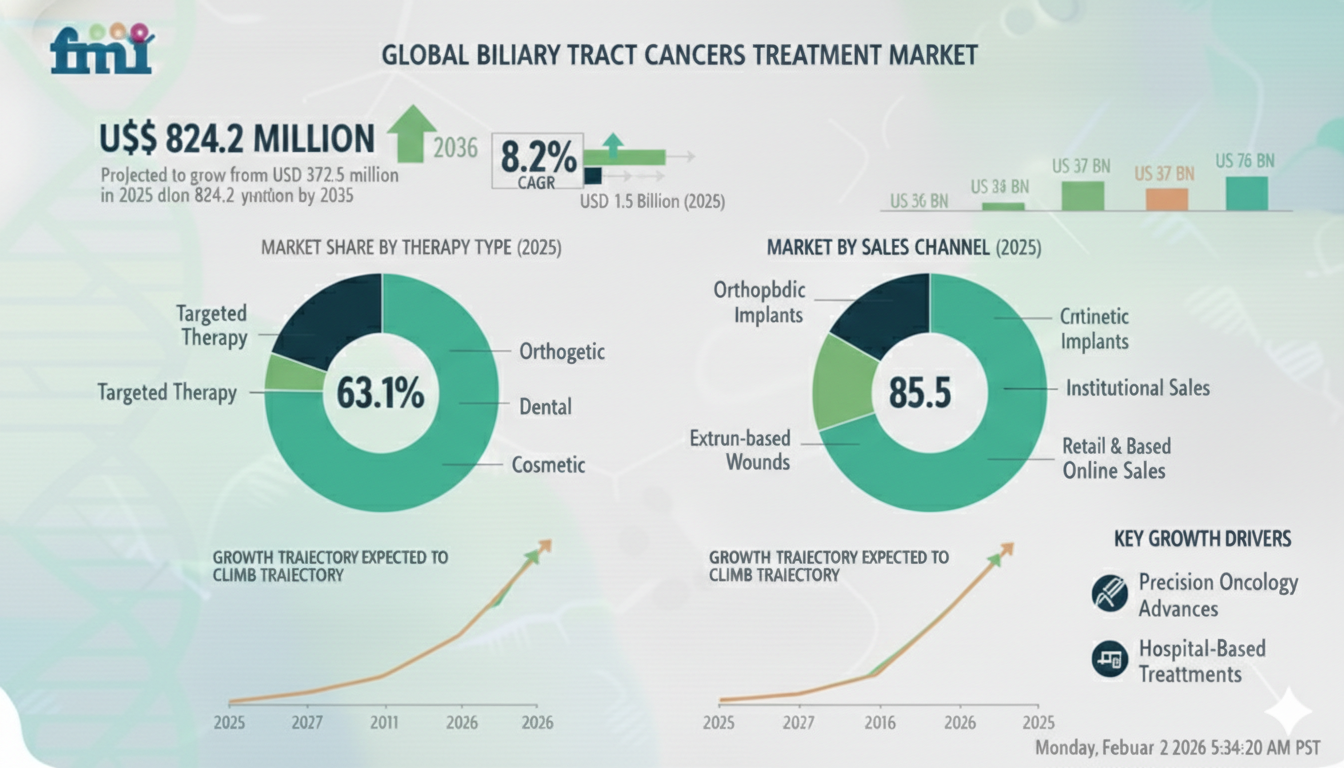 Biliary Tract Cancers Treatment Market is projected to reaching USD 824.2 million by 2035 at a CAGR of 8.2%.