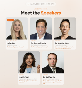 Headshots of Future of You Global speakers Liz Parrish, Dr. Shapiro, Dr. Kuo, Dr. Tsai, Dr. Paulvin – longevity experts