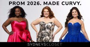 Three plus size models wearing 2026 prom dresses including a red strapless satin gown with oversized bow detail, a metallic floral strapless dress, and a royal blue glitter tulle ball gown under a Prom 2026 Made Curvy headline.