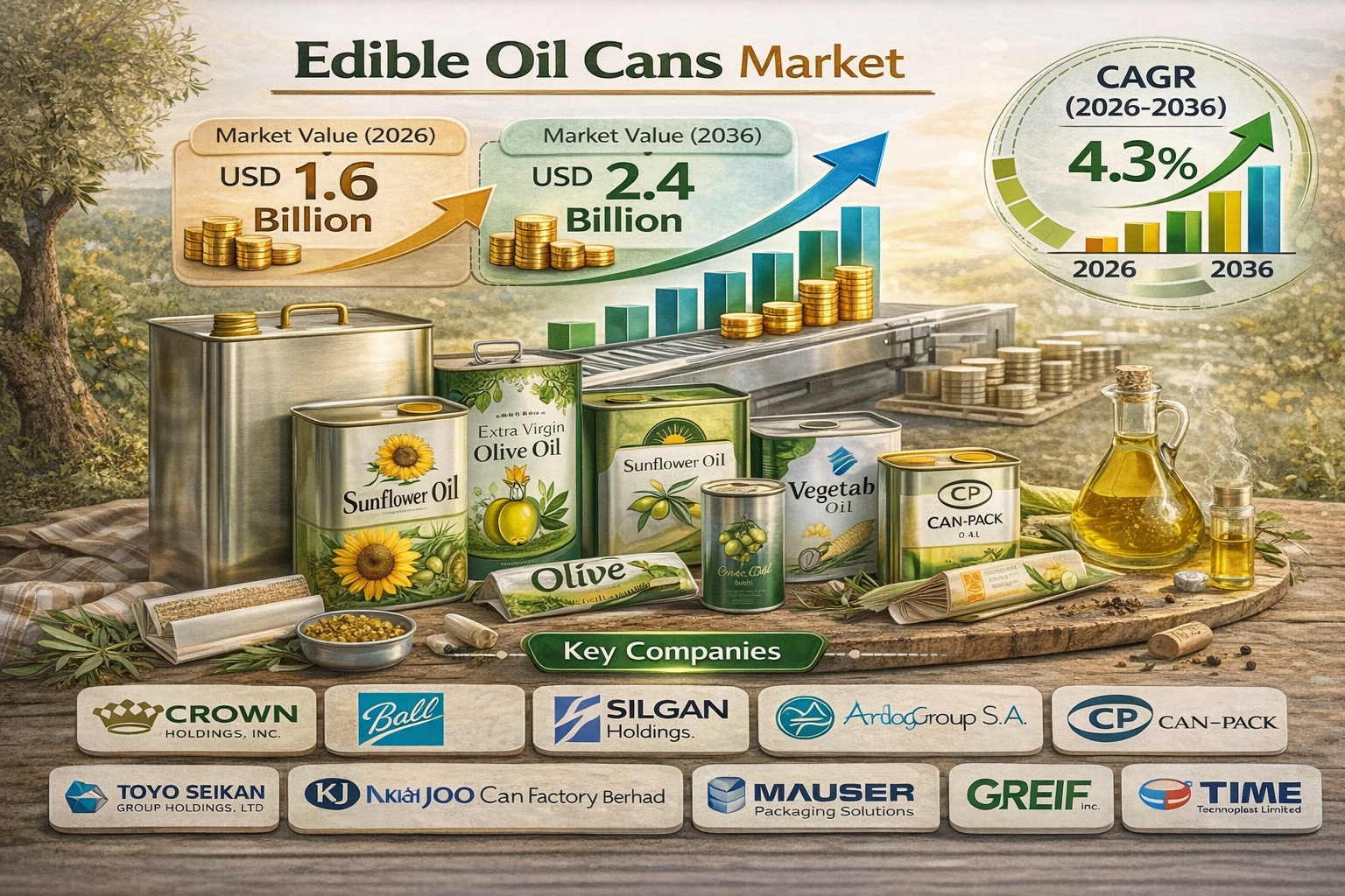 Edible Oil Cans Market Forecast 2026-2036: Global Market to Reach USD 2.4 Billion by 2036, at a 4.3% CAGR
