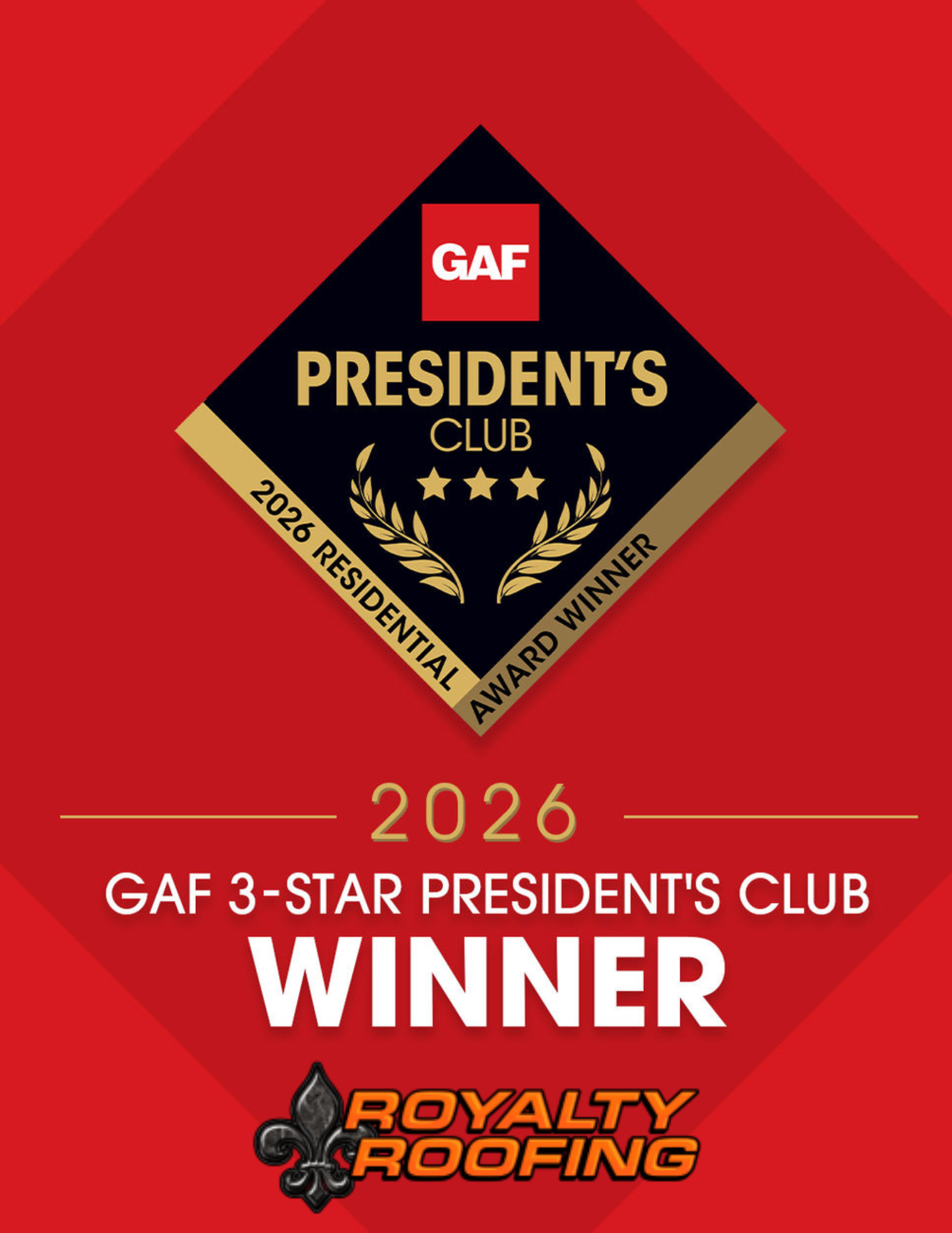 Royalty Roofing Recognized as a 2026 GAF Master Elite® 3-Star President’s Club Award Winner