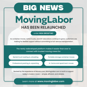 Promotional graphic announcing the relaunch of MovingLabor under NGA Group Inc with services including rental truck loading, container moves, and packing.