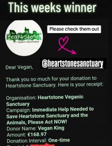 Vegan King, showing public recognition from an animal sanctuary thanking him for donations that helped support rescued animals, reflecting the community impact of his online advocacy.