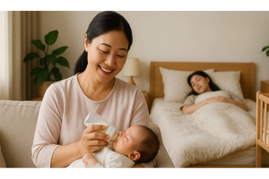 Chinese confinement nanny feeding newborn while mother sleeps in background during postpartum recovery